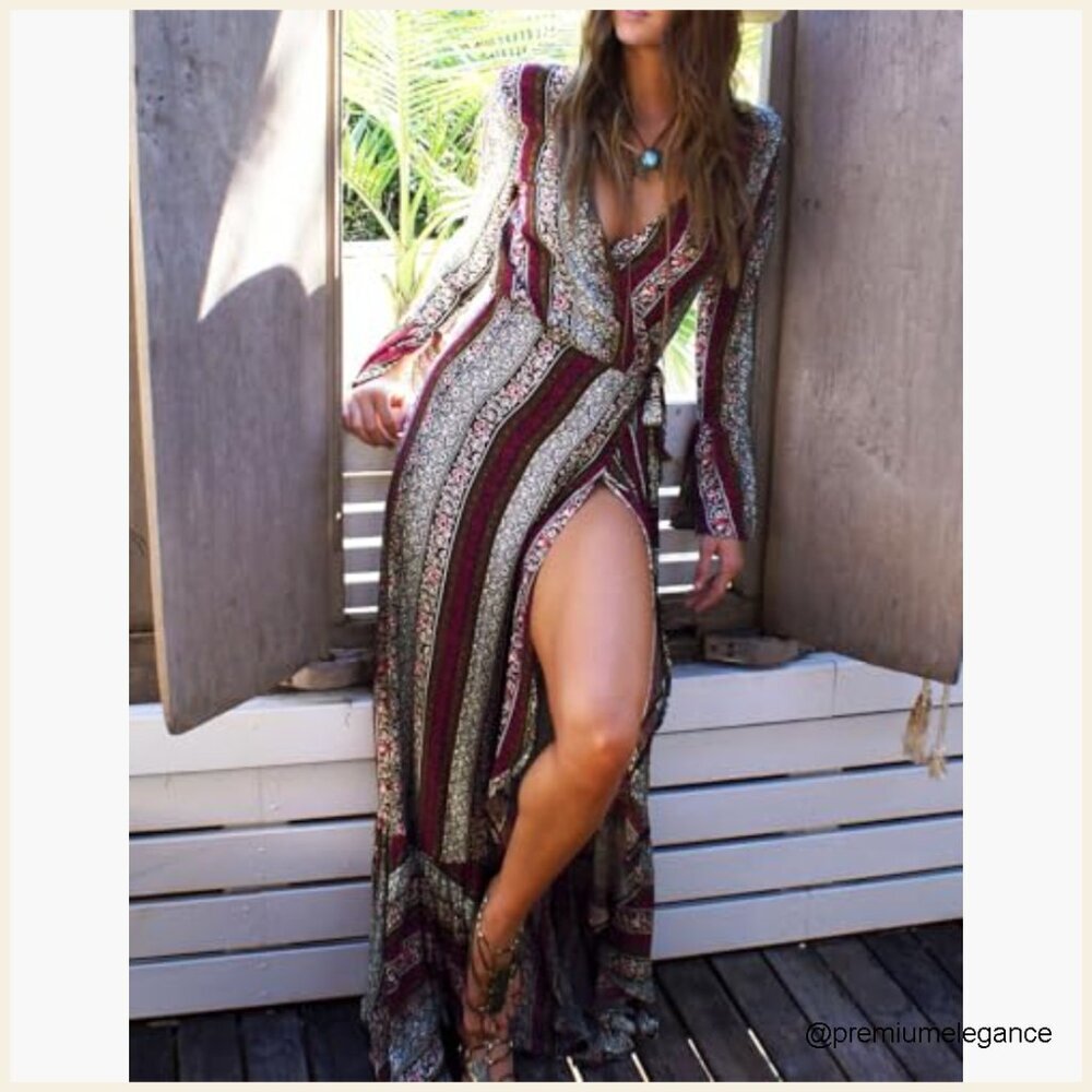 Long Sleeve Maxi Dress Wrap Tie V Neck Floral Boho Summer - Picture 4 of 7